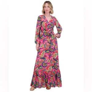 Jessica Howard V-Neck Long Sleeve Tie Sash Chiffon Wrap Dress